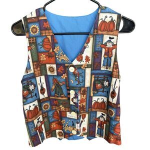 Handmade Fall Vest Womens Small Button Up V-Neck Tie Back Pumpkin Halloween